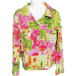 Catherine Stewart Sateen Jacket Size Large L Bright Pink Green Bellepoint Pastel
